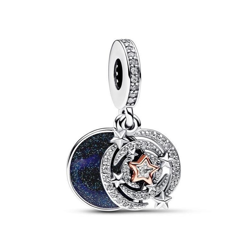 Charm colgante estrella fugaz doble chapado oro rosa 14k esmalte azul brillante y cz Pandora