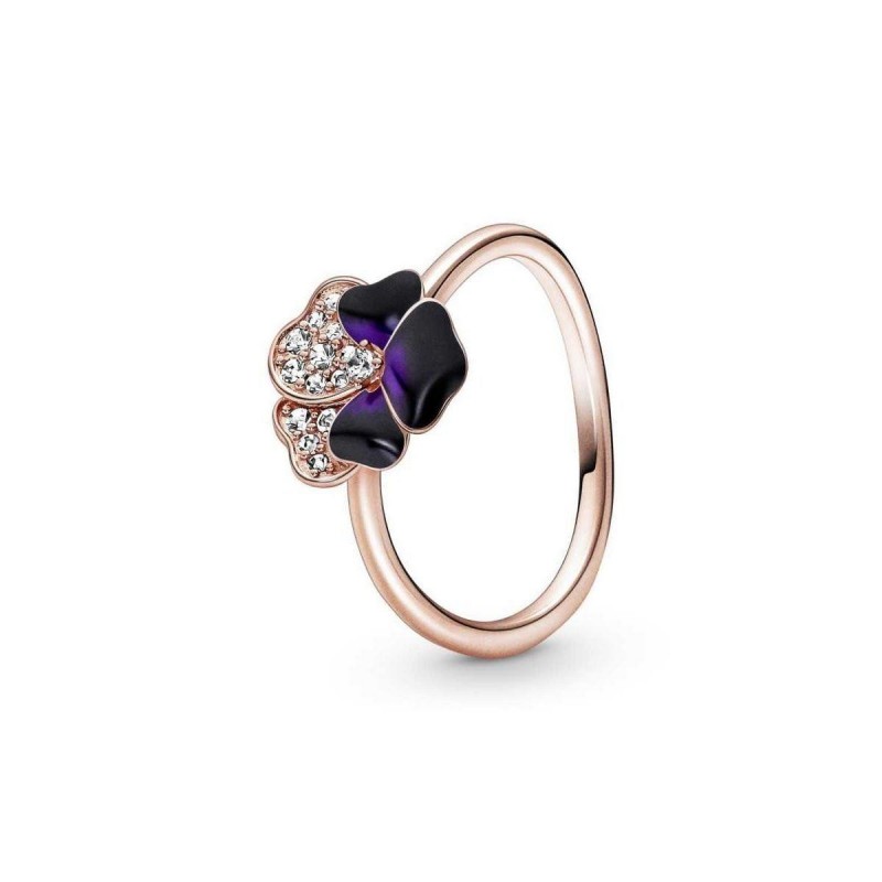 Anillo chapado en oro 14k pensamiento con cz y esamlte azul y violeta  Pandora Talla 12