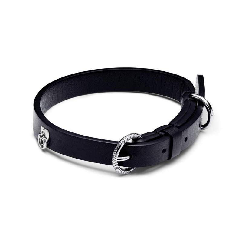Collar para mascotas con acero inoxidable y tela negra sin cuero Pandora Talla M