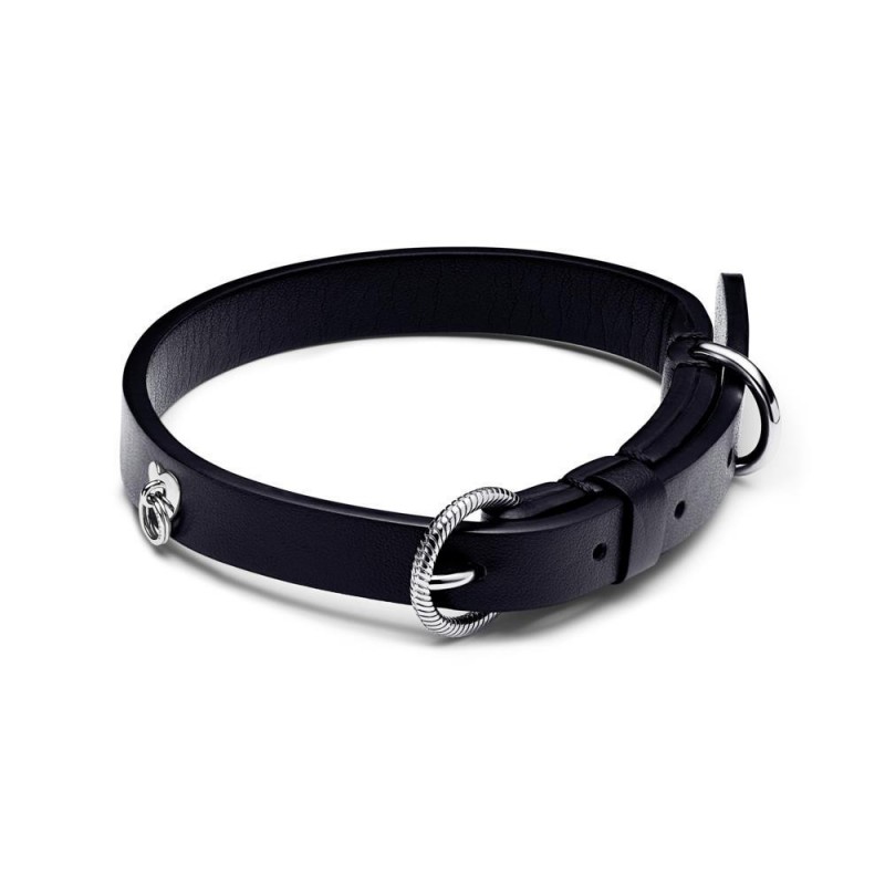 Collar acero para mascota con piel negra Pandora Talla S